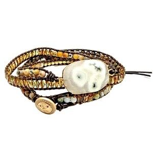 Boho SOLAR QUARTZ Wrap Bracelet Beaded Healing Stone Vegan Leather Gold Tone 34"